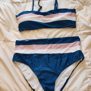 Blue With Pink And White Striped Bikini Set